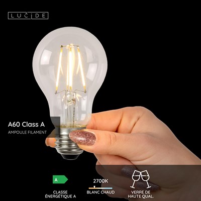 Lucide A60 Class A - Ampoule filament - Ø 6 cm - LED - E27 - 1x7W 2700K - Transparent